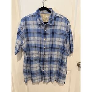 Tasso Elba Island Linen Cotton Blue Plaid Short Sleeve Button Down XL Vacation